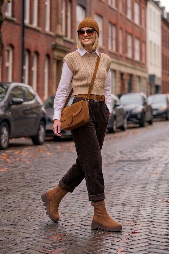 Women's cognac inside-zip ankle boots with round toe and chunky rubber sculpted sole - Top view
